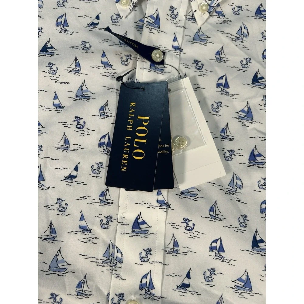 New Polo Ralph Lauren Shirt 3XLT White‎ Sailboat Print Nautical Preppy Stretch